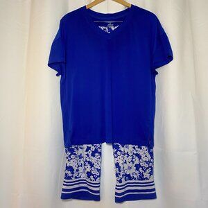 Cuddl Duds Pajama Set Womens M Blue Floral Capris Short Sleeve Elastic Waist EUC